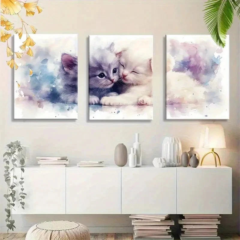 3pcs Cute Hug Kitten Watercolor Wall Art Metal Print Ready to Hang Art - Bella Home Decor