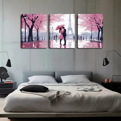 3pcs Pink Trees, Paris Tower, Lovers, Wall Art Set Wall Art Canvas Unframed - High Quality Print 100% Australian Made Wall Canvas