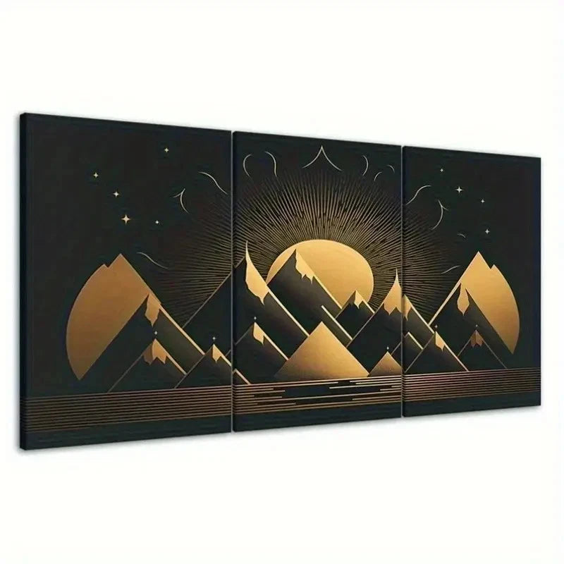 3pcs Golden & Black Triangular  Mountain GB Wall Art Canvas Framed 40x60cm - High Quality Print 100% Australian Made Wall Canvas Ready to Hang - Bella Home Decor