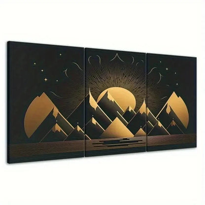 3pcs Golden & Black Triangular  Mountain GB Wall Art Canvas Framed 40x60cm - High Quality Print 100% Australian Made Wall Canvas Ready to Hang - Bella Home Decor