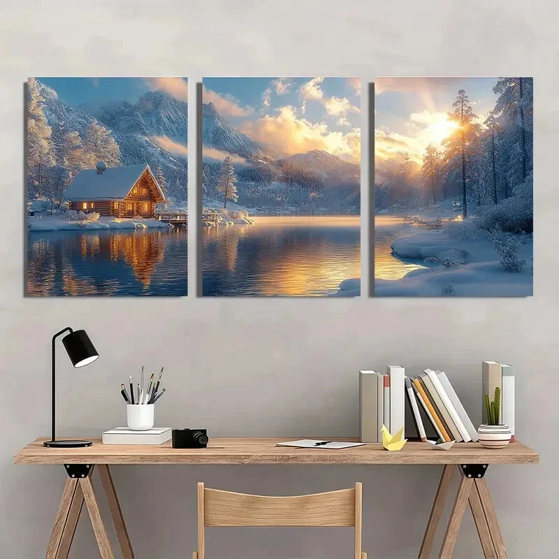 3pcs Christmas Winter Snow Scene Landscape Art Metal Print Ready to Hang Art - Bella Home Decor