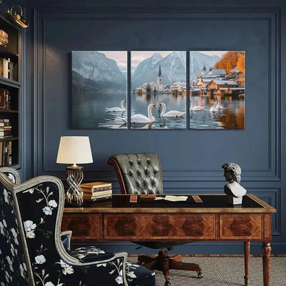 3pcs Swan Alpine Village Snowy Peaks Metal Print Ready to Hang Art - Bella Home Decor