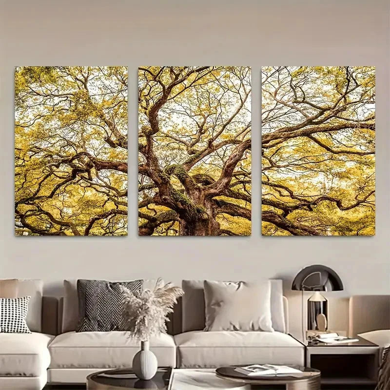 3pcs Curved Branches & Sunlit Leaves Metal Print Ready to Hang Art - Bella Home Decor
