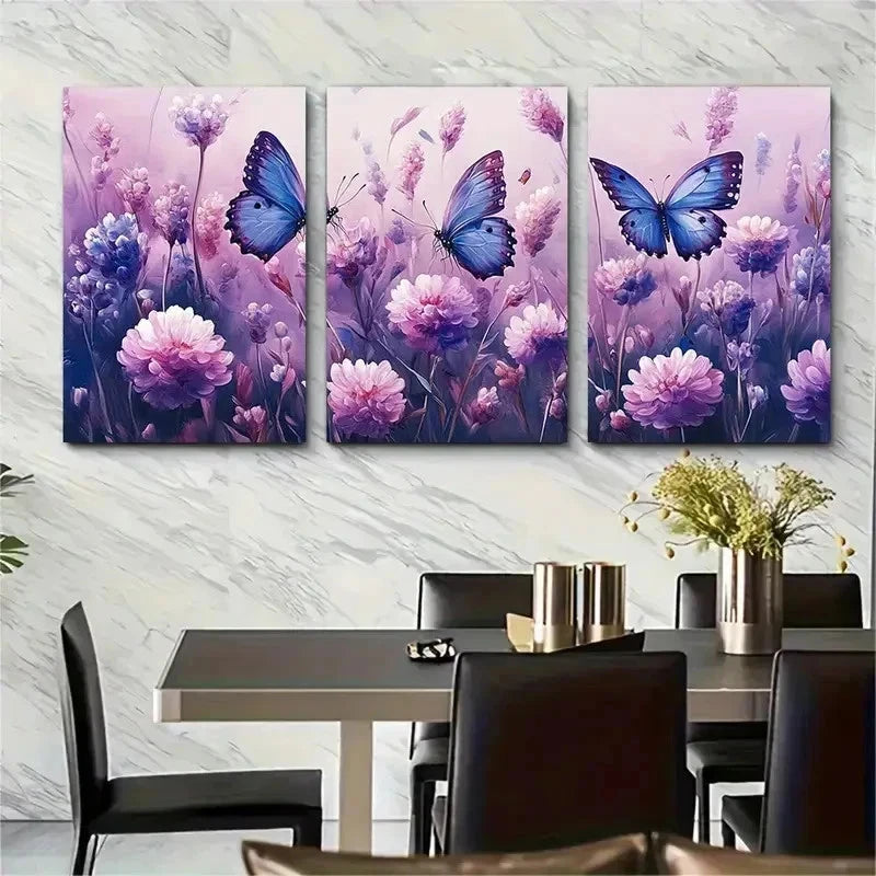 3pcs Soft Purple Pink Flowers Blue Butterflies   Wall Art Set Canvas Framed 60x90cm - High Quality Print 100% Australian Made Wall Canvas Ready to Hang