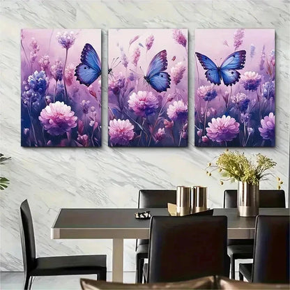 3pcs Soft Purple Pink Flowers Blue Butterflies   Wall Art Set Canvas Framed 60x90cm - High Quality Print 100% Australian Made Wall Canvas Ready to Hang