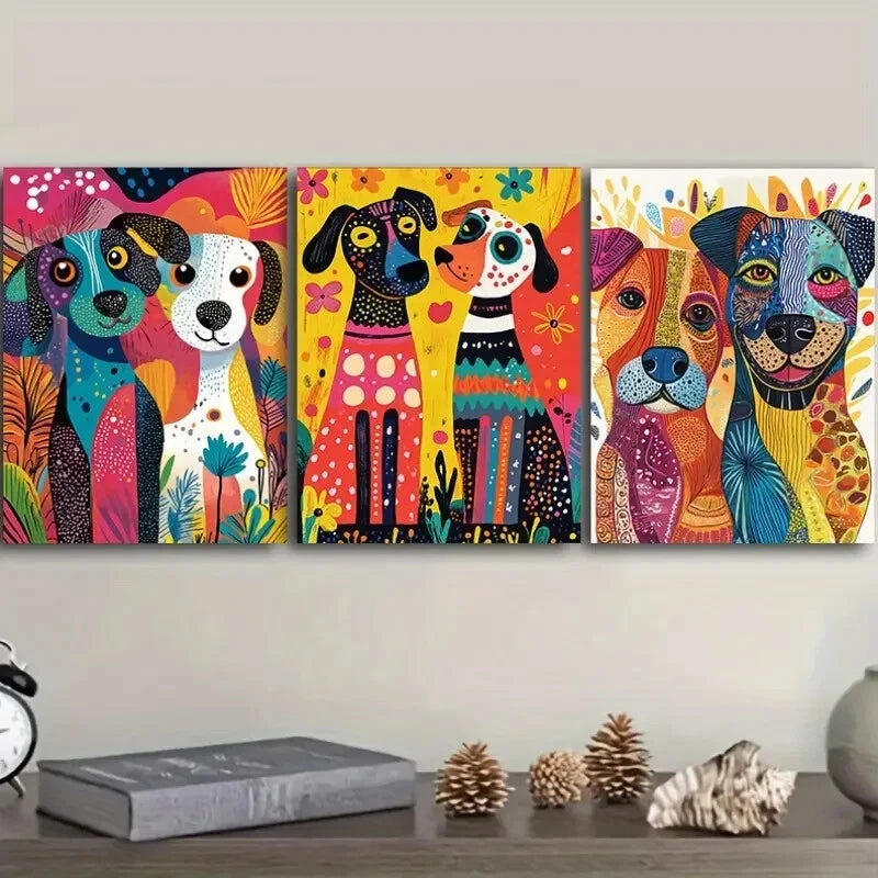 3pcs Whimsical Dogs Vibrant Abstract Metal Print Ready to Hang Art - Bella Home Decor
