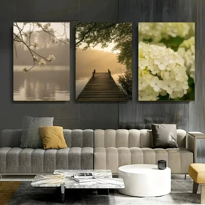3pcs Cherry Blossom Wooden Pier Hydrangea Metal Print Ready to Hang Art - Bella Home Decor