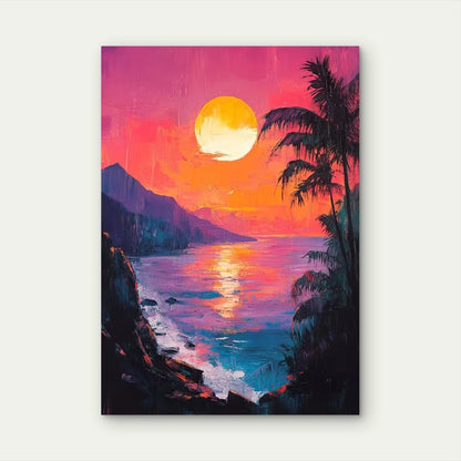 Pink & Blue Ocean Waves, Tropical Palm Trees 60x90cm Metal Print Ready to Hang