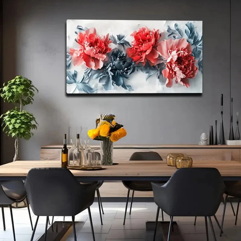 Vibrant Red & Blue Flowers Wall Art canvas office home room framed 120x60cm