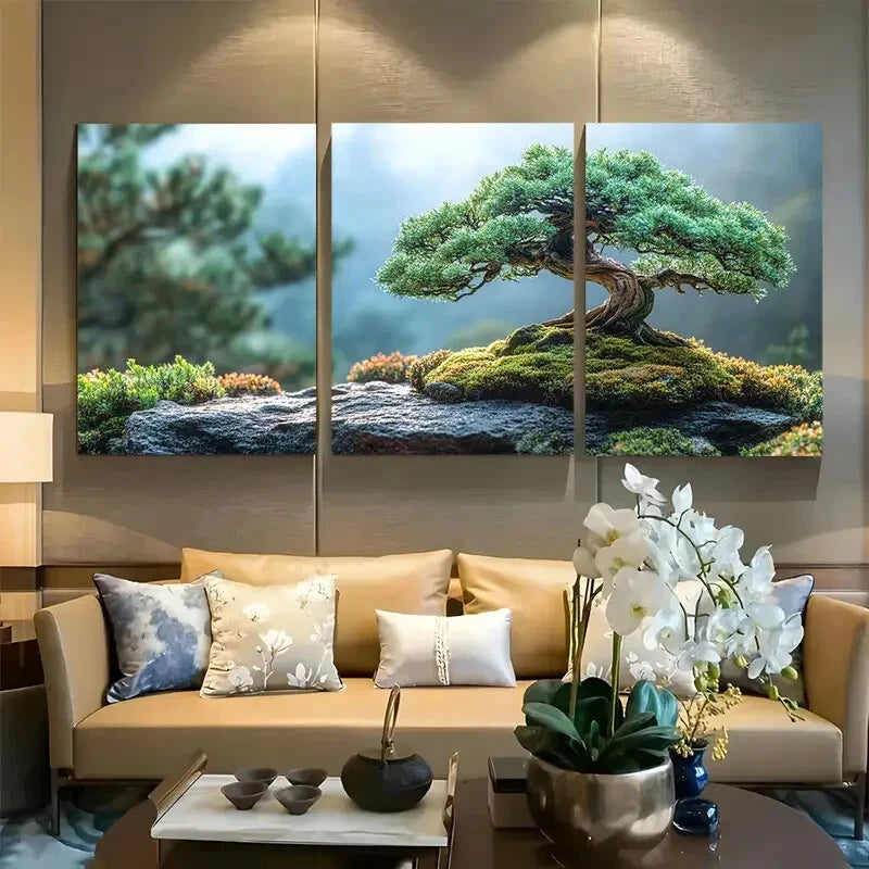 3pcs Japanese Bonsai Tree Abstract Metal Print Ready to Hang Art - Bella Home Decor