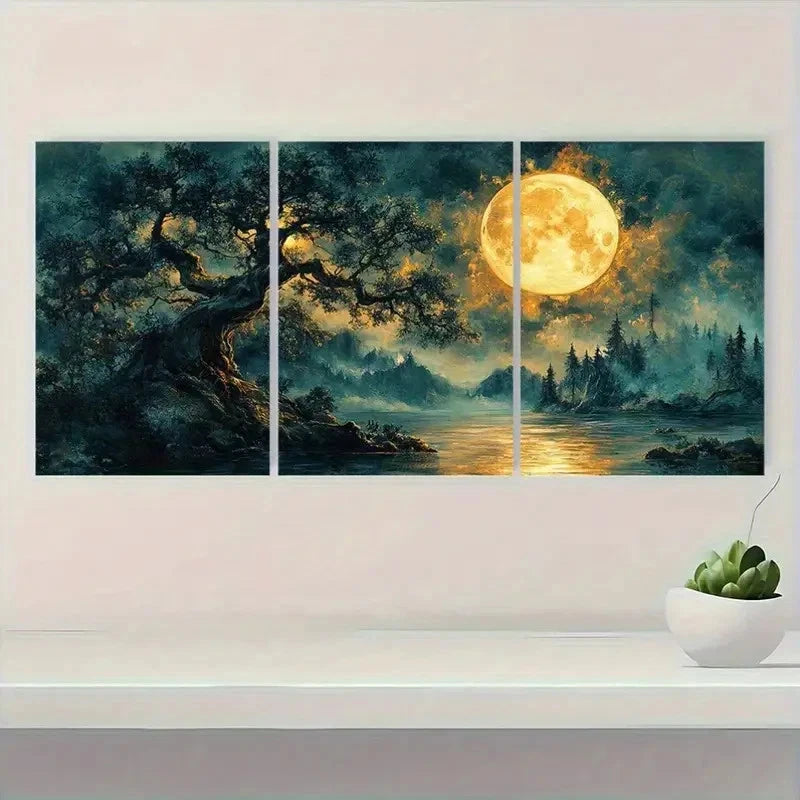 3pcs Enchanting Night Scene with Full Moon Metal Print Ready to Hang Art - Bella Home Decor