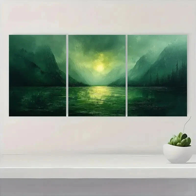 3pcs Abstract Green Mountain Landscape Art Metal Print Ready to Hang Art - Bella Home Decor