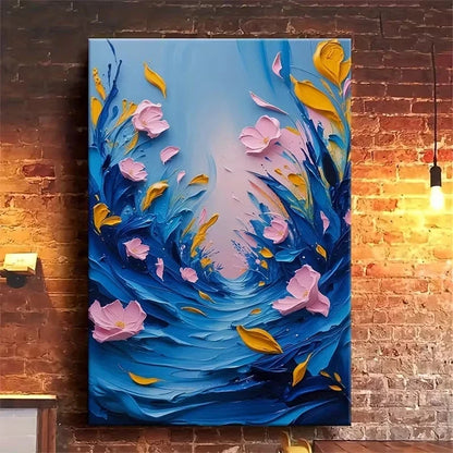 Blue Floral Wave Pink Flowers & Yellow Leaves Metal Print Ready to Hang