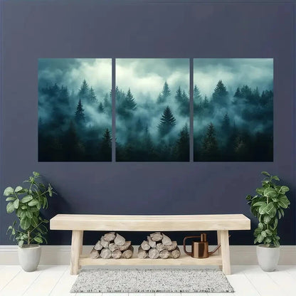 3pcs Misty Pine Forest Modern Nature Metal Print Ready to Hang Art - Bella Home Decor