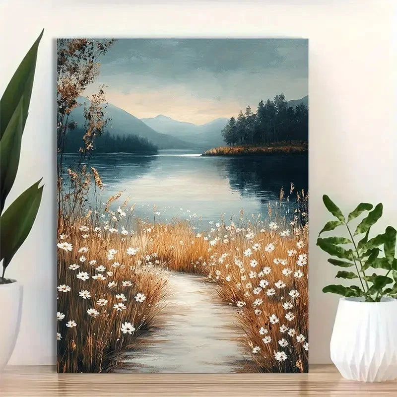 Beautiful Wildflowers & Mountain Backdrop Painting 40x60cm Metal Print Ready to Hang