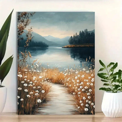 Beautiful Wildflowers & Mountain Backdrop Painting 40x60cm Metal Print Ready to Hang