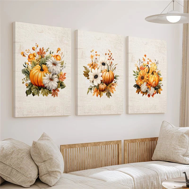 3pcs Rustic Pumpkin Watercolor Wall Art Set Canvas Framed 50x70cm - High Quality Print 100% Australian Made Wall Canvas Ready to Hang - Bella Home Decor