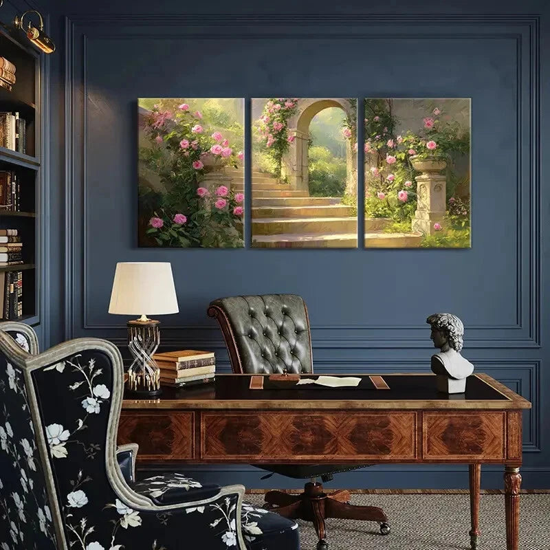 3pcs Pink Roses Stone Steps & Lush Greenery Metal Print Ready to Hang Art - Bella Home Decor