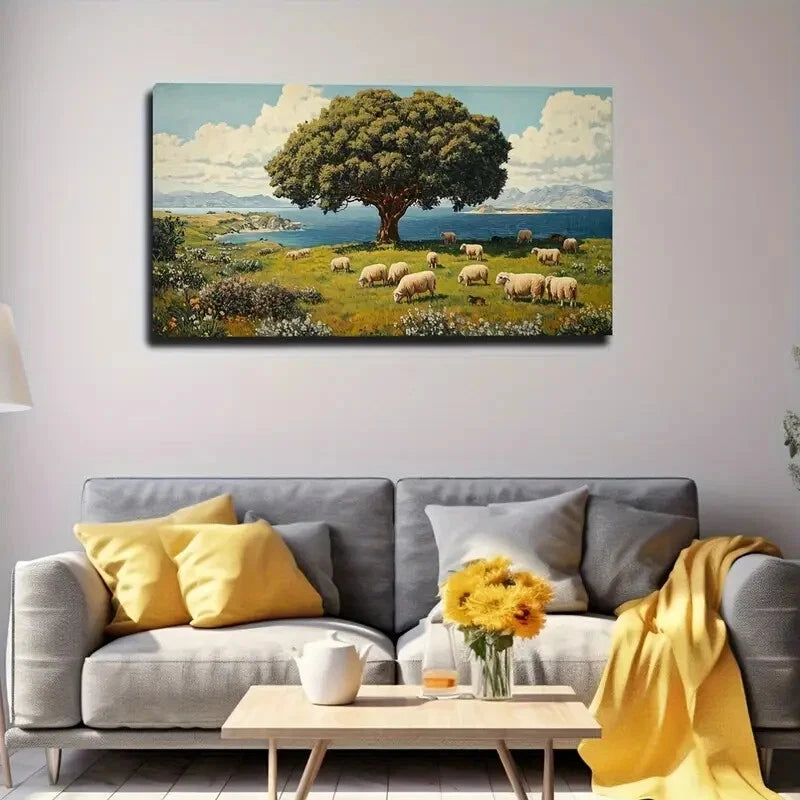 Serene Sheep Grazing Under Tree Wall Art Canvas Office Home Room Framed 120x60cm - Bella Home Decor