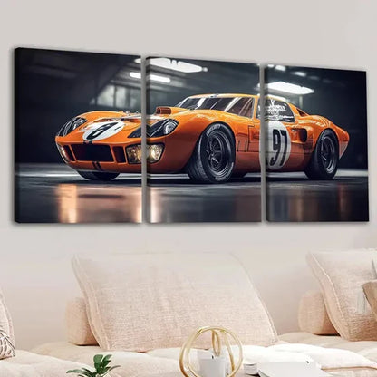 3pcs Fashion Yellow Cool Sport Car White Lights Wall Art Set Canvas Unframed - High Quality Print 100% Australian Made Wall Canvas