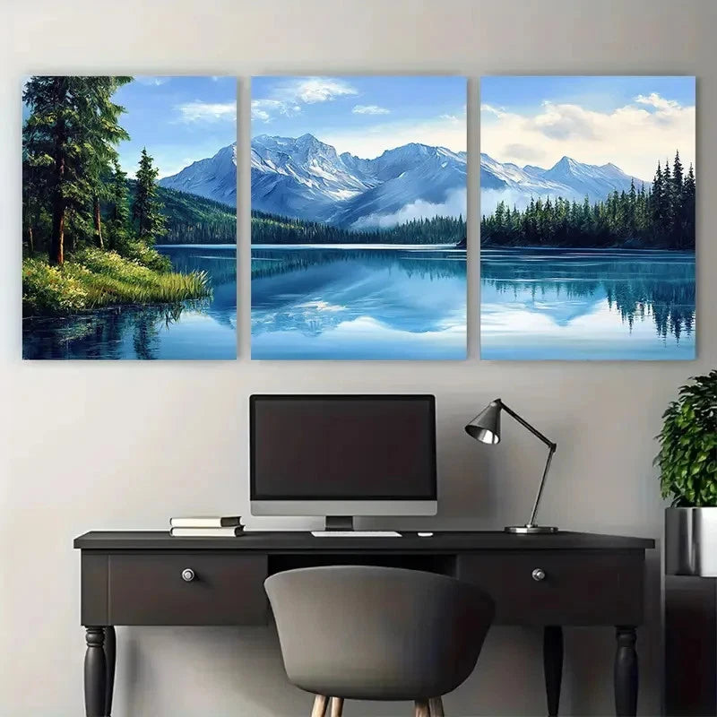 3pcs Crystal Lake Blue Mountain Nature Landscape Wall Art Set Canvas Framed 50x70cm - High Quality Print 100% Australian Made Wall Canvas Ready to Hang - Bella Home Decor