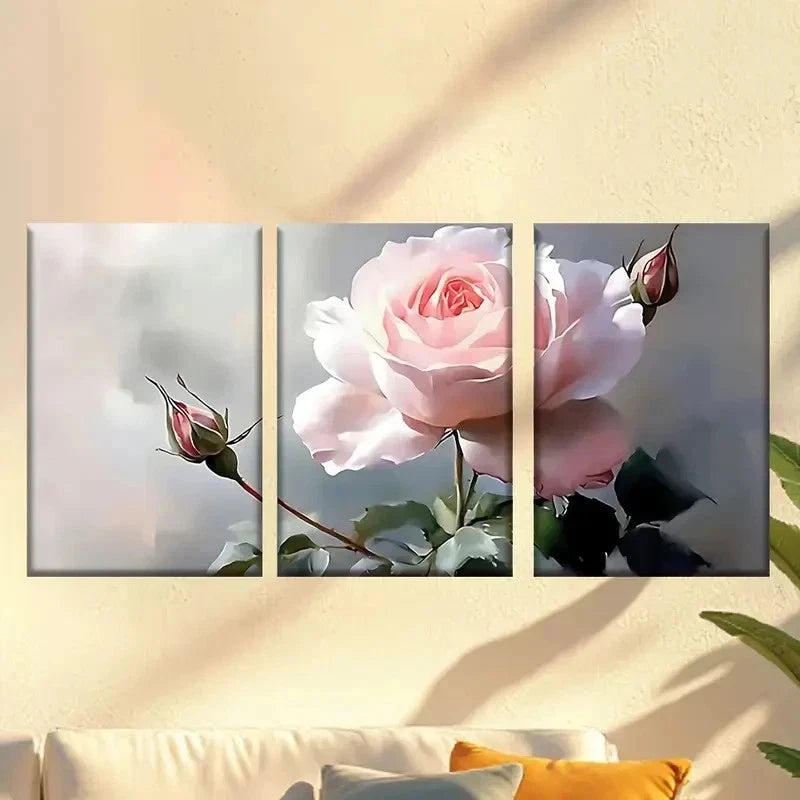 3pcs a pink rose with green leaves Wall Art Set Canvas Framed 60x90cm - High Quality Print 100% Australian Made Wall Canvas Ready to Hang - Bella Home Decor