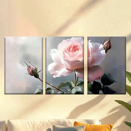3pcs a pink rose with green leaves Wall Art Set Canvas Framed 60x90cm - High Quality Print 100% Australian Made Wall Canvas Ready to Hang