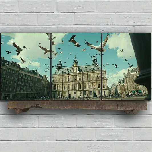 3pcs Birds Pigeons on Building Square Metal Print Ready to Hang Art