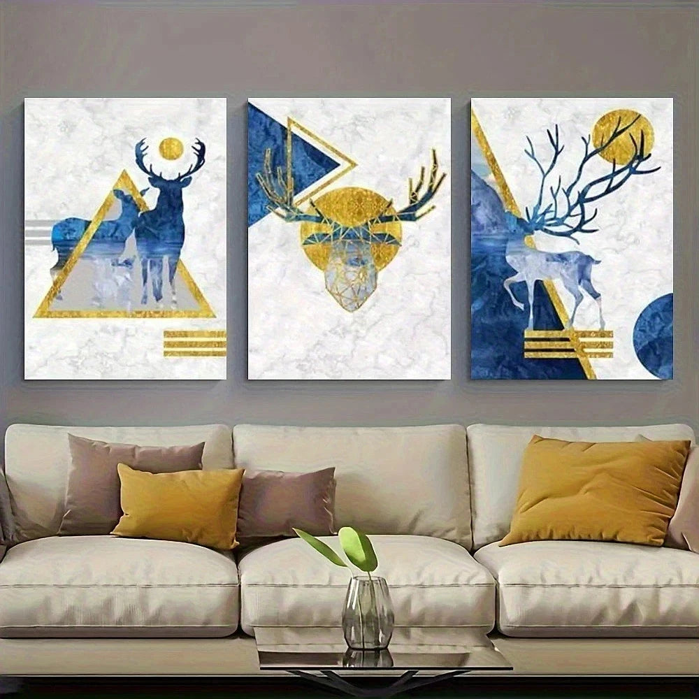 3pcs Blue and Golden Geometric Deer Metal Print Ready to Hang Art - Bella Home Decor