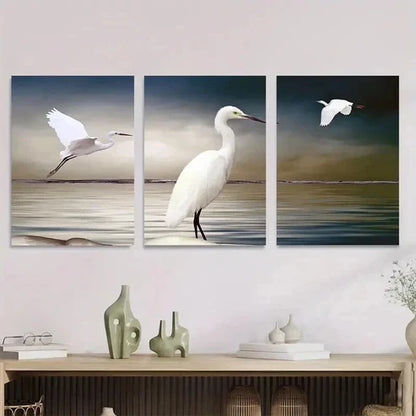 3pcs White Egret Triptych Paintings Wall Art Set Canvas Unframed - High Quality Print 100% Australian Made Wall Canvas