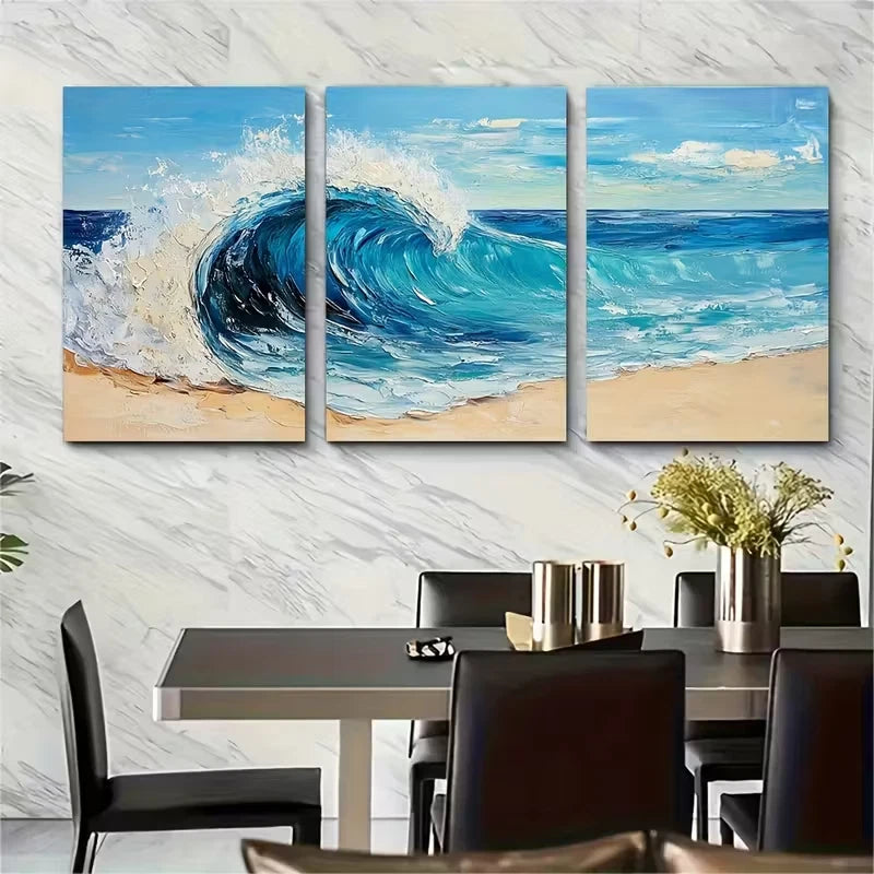 3pcs Abstract Waves Textured Painting Metal Print Ready to Hang Art - Bella Home Decor