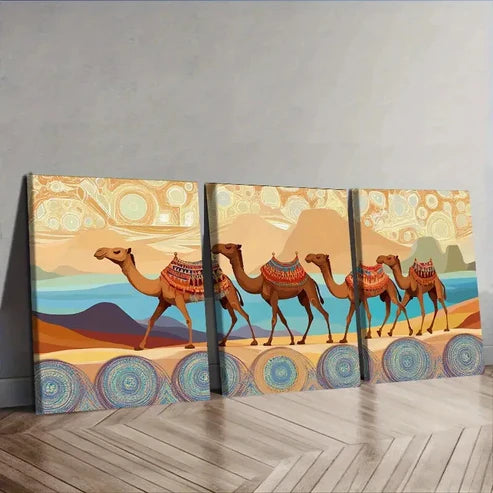 3pcs Decor with Camels, Dunes & Sunset Wall Art Set Canvas Unframed - High Quality Print 100% Australian Made Wall Canvas - Bella Home Decor