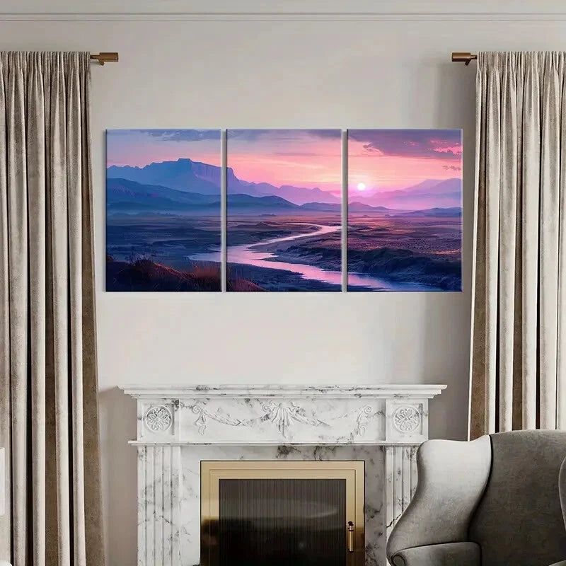 3pcs Sunset Landscape Mountain View River Flow Metal Print Ready to Hang Art - Bella Home Decor