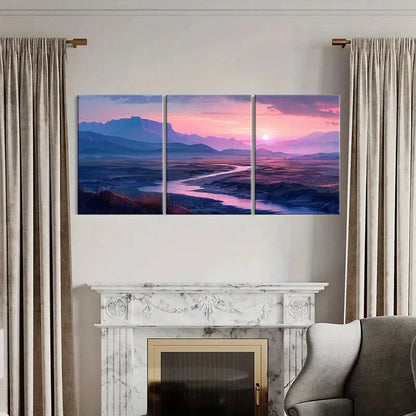 3pcs Sunset Landscape Mountain View River Flow Metal Print Ready to Hang Art - Bella Home Decor