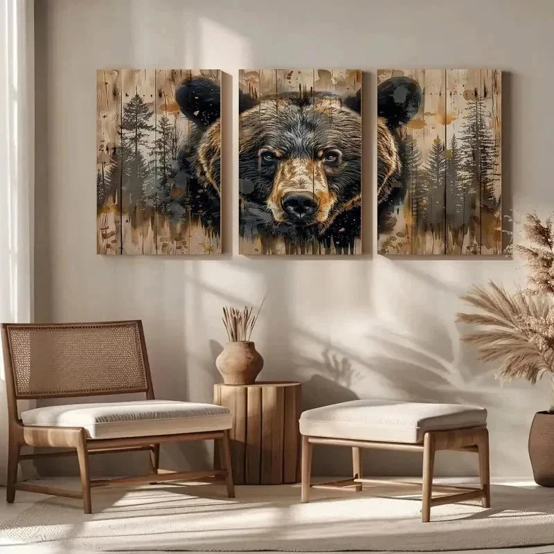 3pcs Rustic Bear in Forest Canvasl Wall Art Set Canvas Framed 60x90cm - High Quality Print 100% Australian Made Wall Canvas Ready to Hang