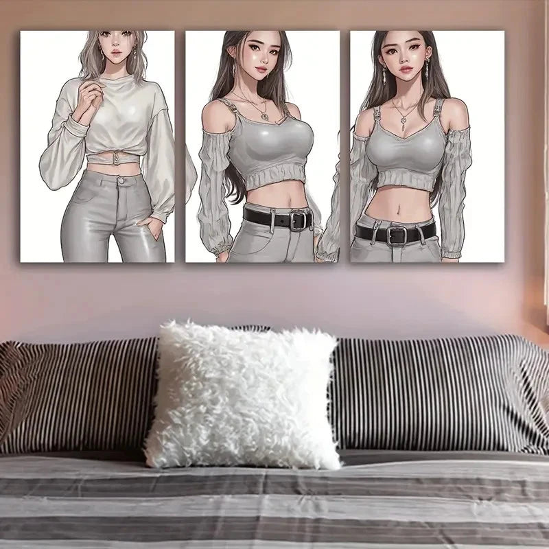 3pcs Modern Lady Abstract Painting Wall Art Set Canvas Framed 40x60cm - High Quality Print 100% Australian Made Wall Canvas Ready to Hang