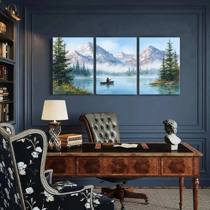 3pcs Alpine Lake Fishing Scene Mountain Metal Print Ready to Hang Art - Bella Home Decor