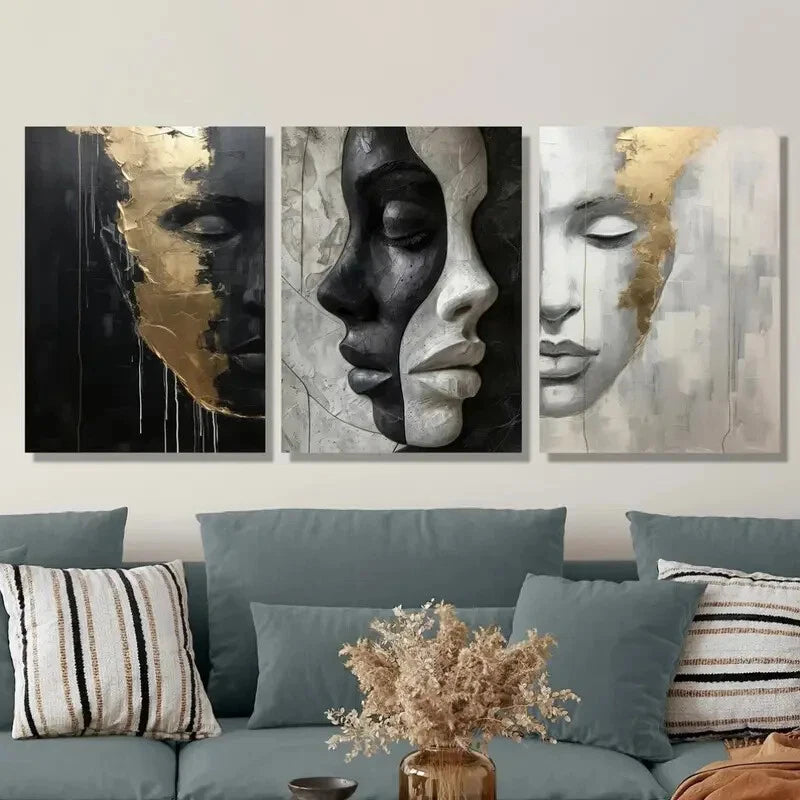 3pcs Black Golden White Abstract Face Metal Print Ready to Hang Art - Bella Home Decor