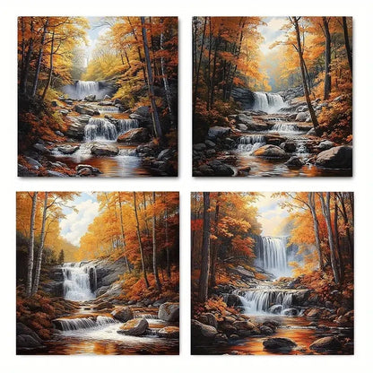 4pcs Autumn Forest with WaterfallWall Art Canvas Framed