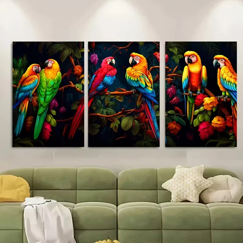 3pcs Vibrant Macaw, Tropical Metal Print Ready to Hang Art
