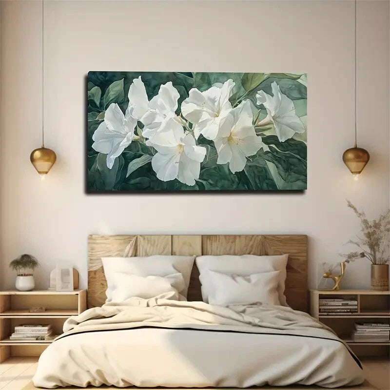 White Flowers with Green Leaves Wall Art Canvas Office Home Room Framed 120x60cm - Bella Home Decor