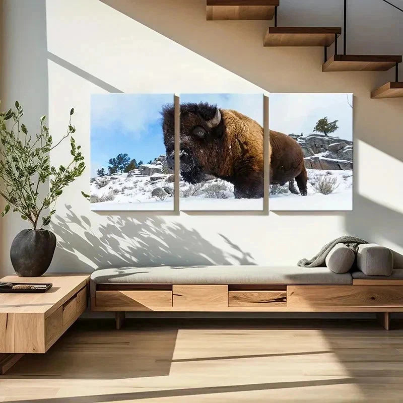 3pcs American Bison in the Snow Modern Wall Art Set Canvas Framed 40x60cm - High Quality Print 100% Australian Made Wall Canvas Ready to Hang - Bella Home Decor