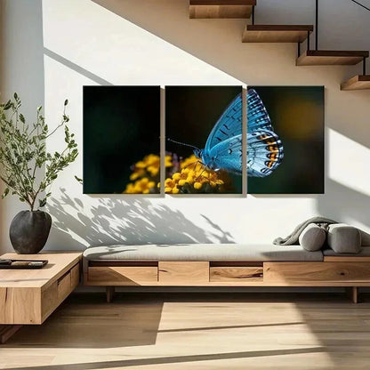 3pcs Vibrant Blue Butterfly with Yellow Flower Wall Art Set Canvas Framed 40x60cm - High Quality Print 100% Australian Made Wall Canvas Ready to Hang - Bella Home Decor