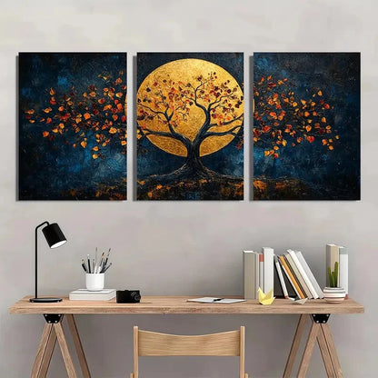 3pcs Abstract Golden Tree with Autumn Leaves Dark Metal Print Ready to Hang Art - Bella Home Decor