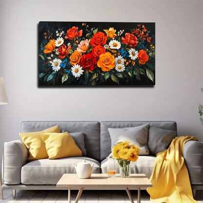 Floral painting above a gray sofa with yellow and gray pillows in a living room.