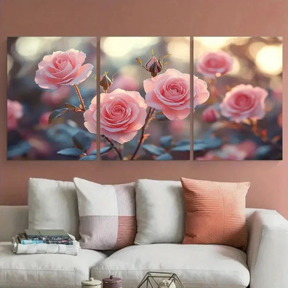 3pcs Soft Focus Blush Pink Roses Floral Design Wall Art Set Canvas Framed 40x60cm - High Quality Print 100% Australian Made Wall Canvas Ready to Hang