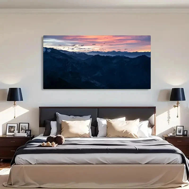 Sunset Over Snow-Capped Peaks Wall Art Canvas Office Home Room Framed 120x60cm