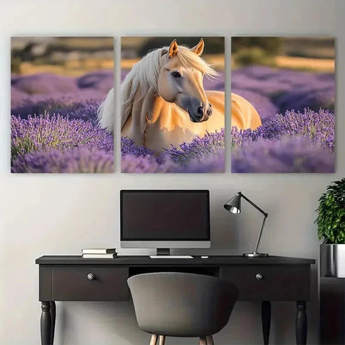 3pcs Serene Palomino Horse in Lavender Field Wall Art Canvas Unframed - High Quality Print 100% Australian Made Wall Canvas
