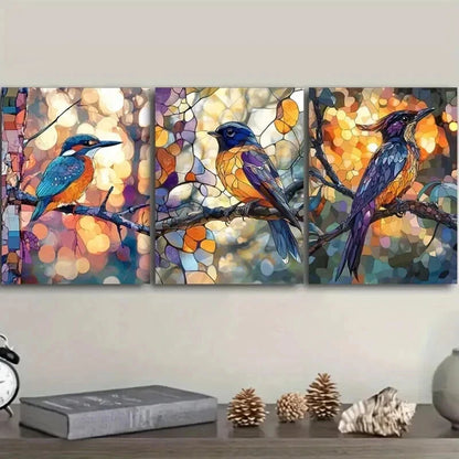 3pcs Stained Glass Bird, Luxurious Wall Art Set Canvas Framed 50x70cm - High Quality Print 100% Australian Made Wall Canvas Ready to Hang