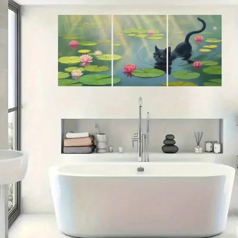 3pcs Black Cat Water Lilies Painting Metal Print Ready to Hang Art - Bella Home Decor